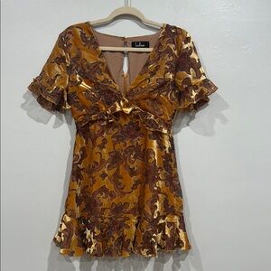 Lulu's Women’s A Touch of Magic Golden Yellow Floral Print Velvet Mini Dress S